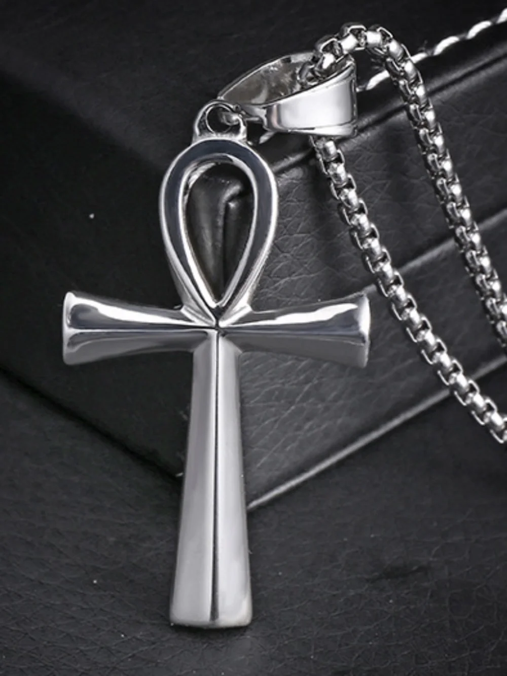 Mens Stainless Steel Silver Ankh Pendant Necklace with Box Chain
